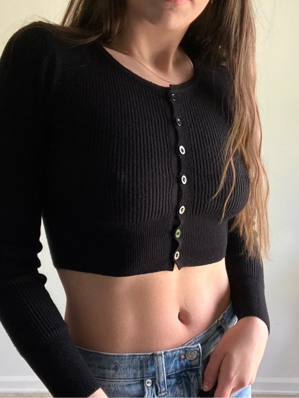 H&M Black Ribbed Button-Front Cropped Long-Sleeve Top
